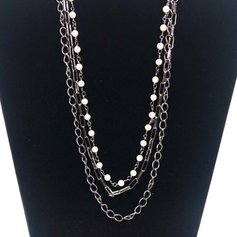 Messy Layered Pearl Necklace Gunmetal Black Rhodium Plated Sterling Silver - Picture 2 of 8